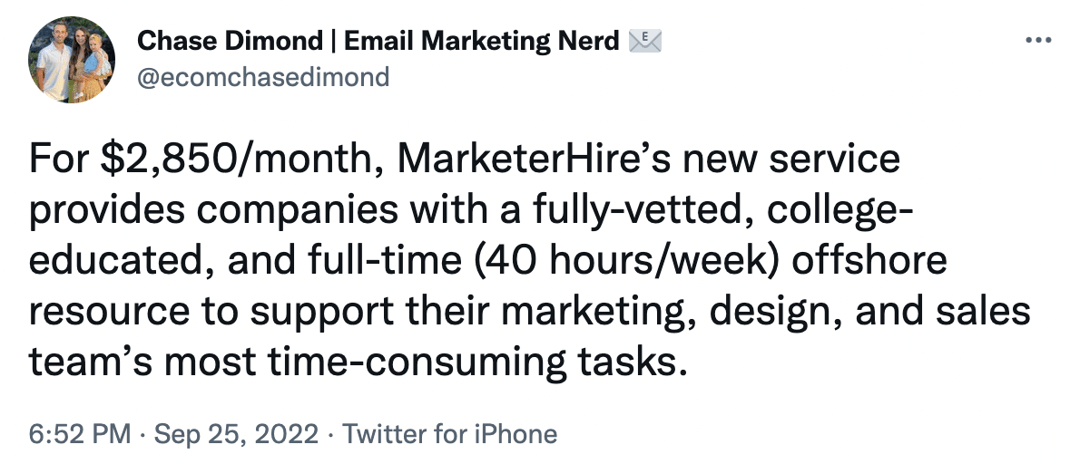 Tweet from Chase Dimond about MarketerHire's new Marketing Assistant Service