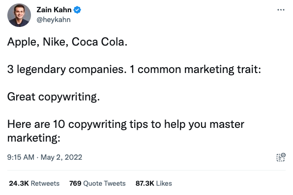 tweet by @heykahn: apple, nike, coca cola. 3 legendary companies. 1 common marketing trait: great copywriting. here are 10 copywriting tips to help you master marketing.